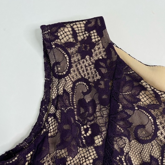 CB Plum Purple Lace Overlay Nude Lining Sleeveless Fancy Fit & Flare Short Dress - Picture 6 of 12